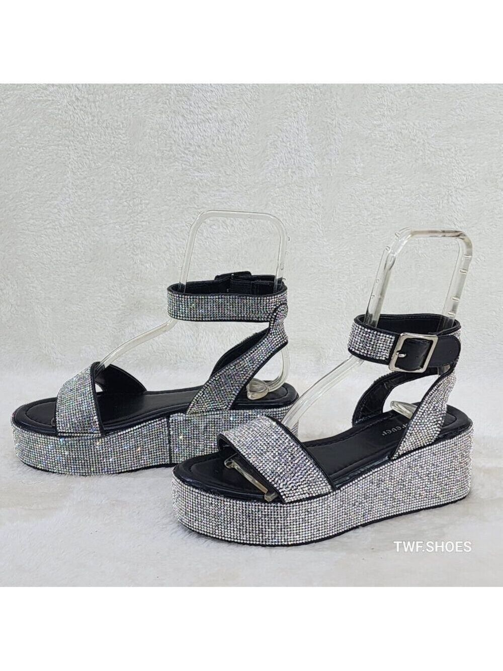 Flashy Black Silver Ankle Strap Sparkling Rhinestone Wedge 2" Platform Sandals